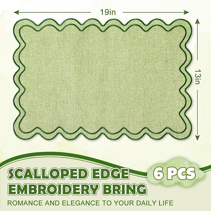 Whaline Sage Green Placemats Embroidered Scalloped Boho Kitchen Place Mats for Wedding Bridal Baby Shower Jungle Theme Party Home Dining Table Decor, Set of 6, 13 x 19 in