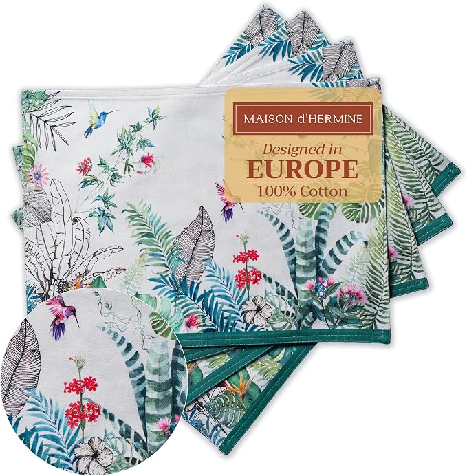 Maison d' Hermine Placemats Set of 4 Reusable 100% Cotton (13"x19") | Cloth Place Mats Washable Table Mats for Kitchen Dining Party Wedding Hotel Home Restaurant Spring Summer - Tropiques
