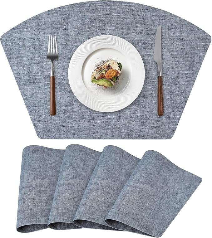Round Table Placemats Set of 4, Faux Leather Wedge Shape Place Mats Heat Resistant Wipeable Washable Table Mats for Dining Outdoor Indoor, Blue