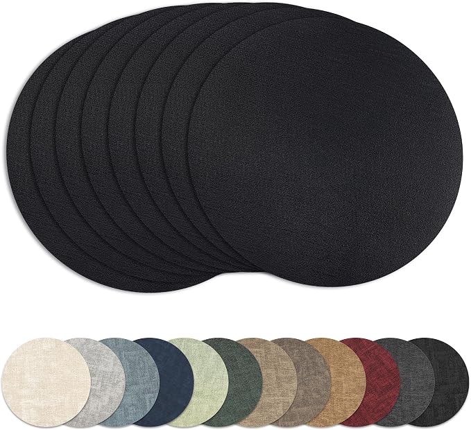 13" Round Placemats Set of 8, Reversible Faux Leather Wipeable Table Mats | 2mm Vinyl Heat Resistant, Waterproof Oilproof Scratch Proof Non-Slip, Washable for Kitchen Dining Indoor Outdoor (Black)