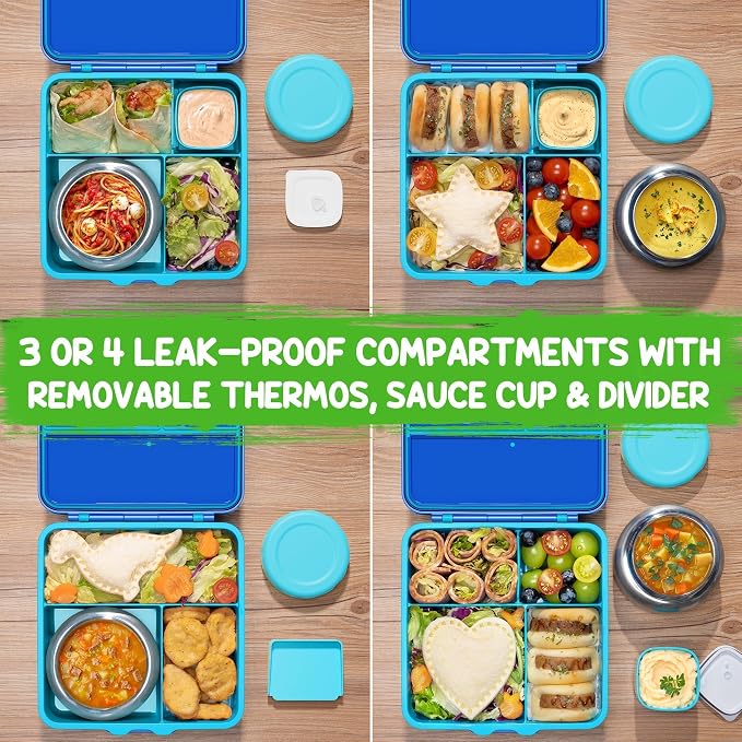 Fimibuke 60oz Leakproof Bento Lunch Box for Kids with 8.5oz Thermo Food Jar | 3-4 Compartment Toddler Lunch Box kids Food Container with Utensil Sauce Cup for School Boys Girls, Dishwasher Safe, BPA-Free