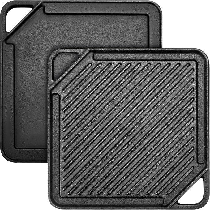 GGC Cast Iron Reversible Griddle | Double-sided Griddle Pan for Stove Tops and Gas Grills, 10"x 10" Square Baking Flat and Ribbed Griddle for Camping stoves