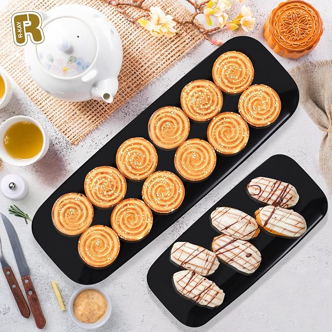 R-kay 4 Pack Plastic Serving Trays for Party - Black Serving Tray 17 by 6.5 in - Heavy Duty Dessert Trays for Food - Rectangular Party Serving Trays - Premium Party Trays - Black Platters