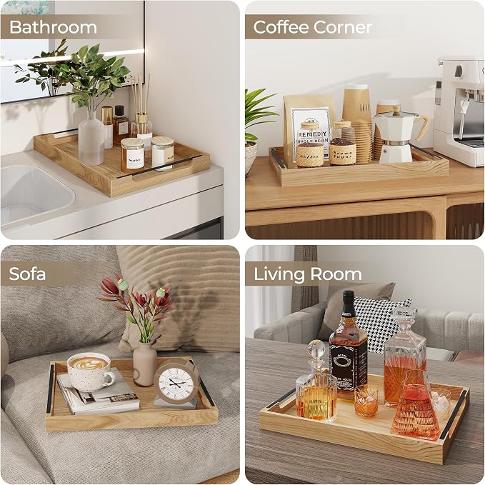 Wooden Serving Tray with Metal Handles|Ottoman Tray for Breakfast, Bed, Couch|17x13in Ash Wood Coffee Table Trays|Food Drinks Decorative Storage Boards for Ottoman Kitchen, Natural