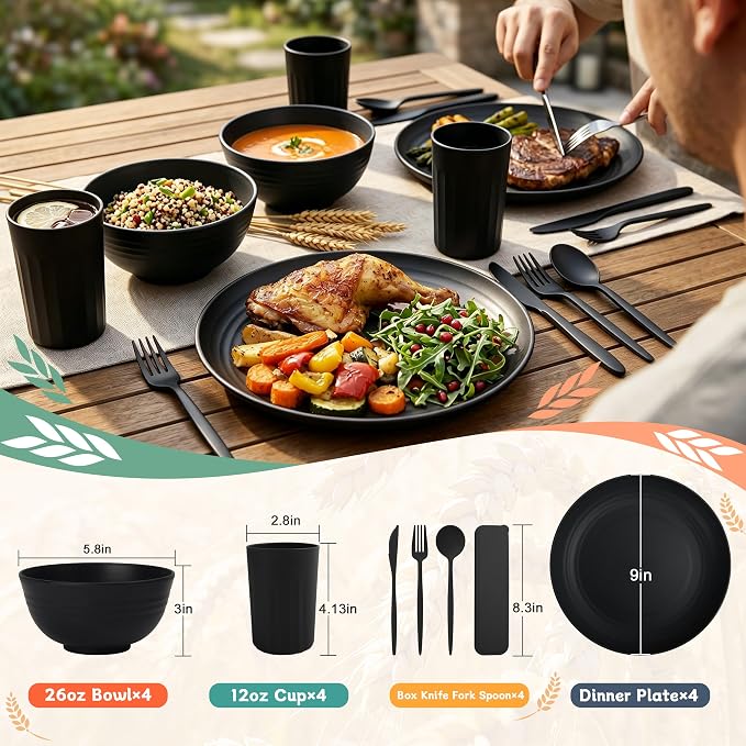 PYRMONT Dinnerware Set Wheat Straw Bowls and Plates Set Unbreakable Kitchen Dishes Service for 4 Microwave & Dishwasher Safe Plastic Dish Set for Camping,RV,Picnic-Black