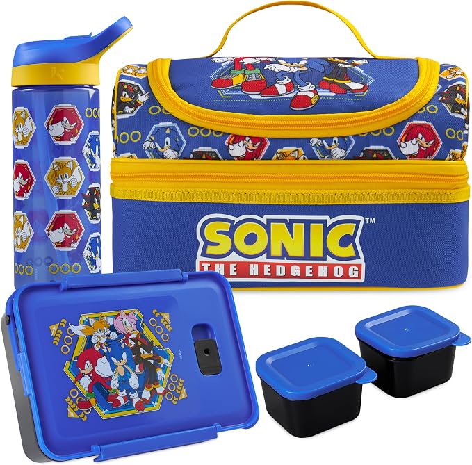 Get Trend Sonic the Hedgehog Kids Lunch Box 3 Pc Set with Insulated Lunch Bag, Bento Box with Two Mini Pots & 20 fl oz Water Bottle with Straw for School, Picnic, Gamer Gifts for Boys (Blue Sonic)