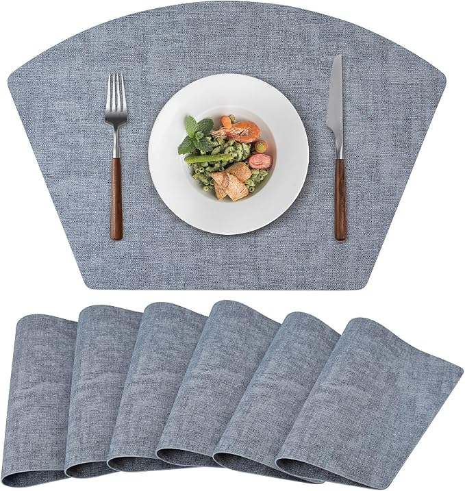 Round Table Placemats Set of 6, Faux Leather Wedge Shape Place Mats Heat Resistant Wipeable Washable Table Mats for Dining Outdoor Indoor, Blue