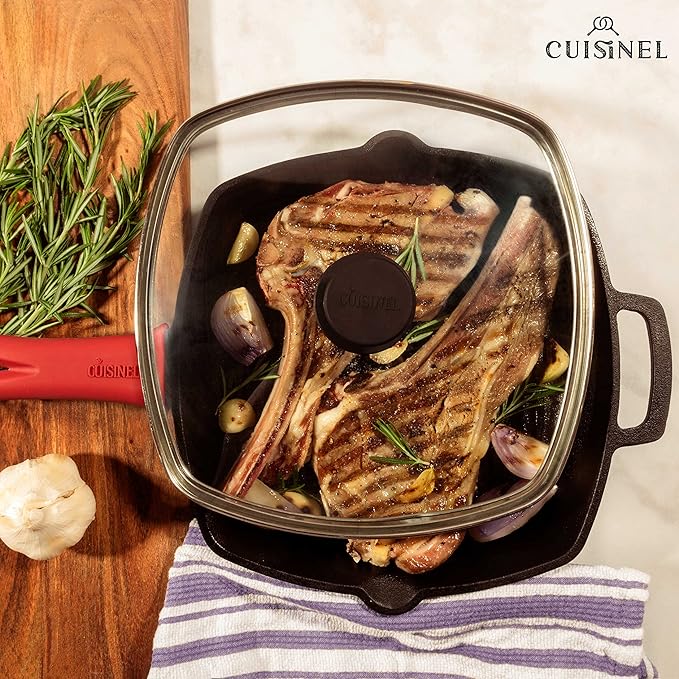 Cuisinel 10.5-Inch Square Cast Iron Grill Pan Set – PFAS & PFOA-Free Pre-Seasoned Ribbed Skillet with Grill Press, Glass Lid & Pan Scraper – Indoor Stovetop, Grill & Camping Cookware