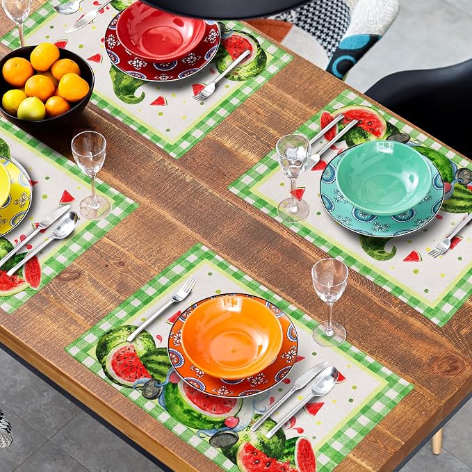 Watercolor Watermelon Gnomes Placemats Set of 4,Green Buffalo Check Plaid Rectangular Linen Kitchen Mats Summer Seasonal Place Mat 12 x 18 Inch for Kitchen Dining Table Decor