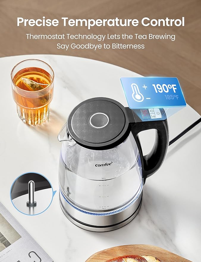 COMFEE' 1.7L Glass Temperature-Control Electric Kettle with 6 Preset Modes
