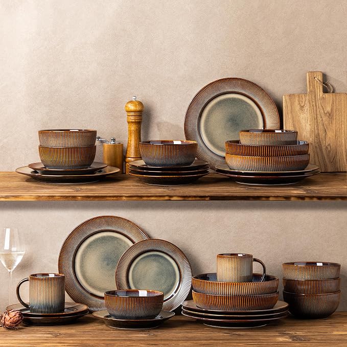 Ceramic Dinnerware Set for 4, 12-Piece Plates and Bowls Set | Lightweight Porcelain Dish Set, Scratch Resistant, Oven & Microwave & Dishwasher Safe, Cocoa Mocha