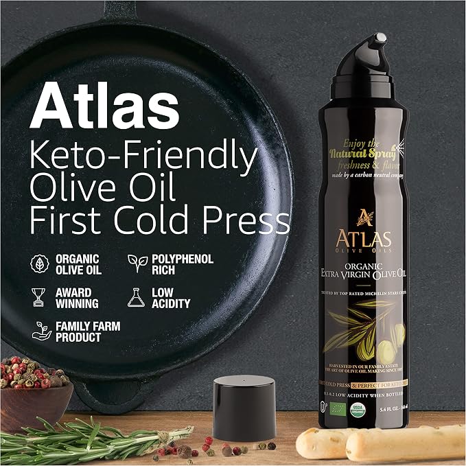 Atlas Organic Extra Virgin Olive Oil Cooking Spray, 5.4 fl oz | Gourmet EVOO, Olive Oil Extra Virgin Dual Spray & Stream For Cooking, Baking & Nonstick Prep, Polyphenol-Rich, Keto-Friendly
