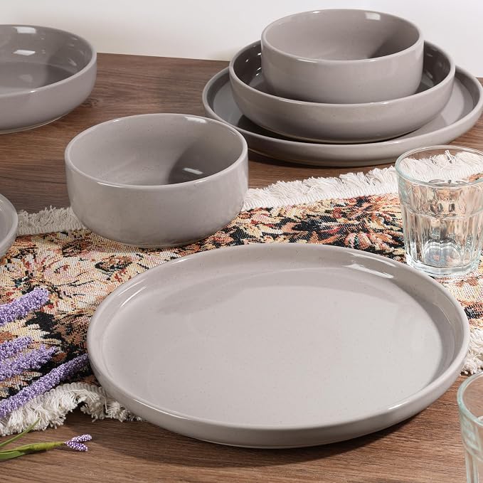 HaWare 24-Piece Plates and Bowls Set for 6, Stoneware Dinnerware Sets with Pasta Bowl, Dishes Set for Home Restaurant, Speckled Cream Coffee