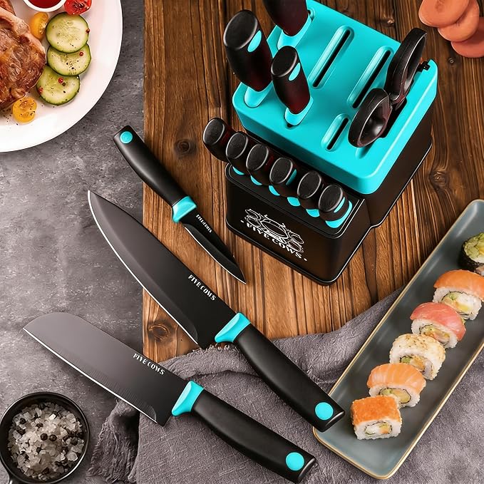 14 Pcs Kitchen Knife Block Set with Sharpener (Green) | German High Carbon Stainless Steel Chef Knives, Ultra Sharp & Durable. Lightweight Anti-Slip Handle, Great For Home Cooking