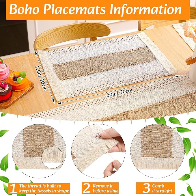 6 Sets Boho Decoration Placemats Round Woven Placemats, Cloth Napkins, Wood Bead Napkin Rings, Long Table Runner and Farmhouse Burlap Cotton for Table Kitchen (Khaki,12x72)