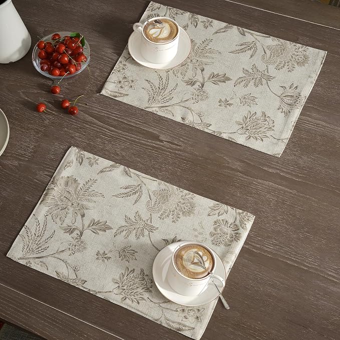 JINCHAN Sliva Linen Floral Placemats Set of 4 Farmhouse 13x19 Inch Taupe | Fabric Placemats, Cottage Style, Painterly Floral Pattern, Machine Washable, Easy to Store, Reusable
