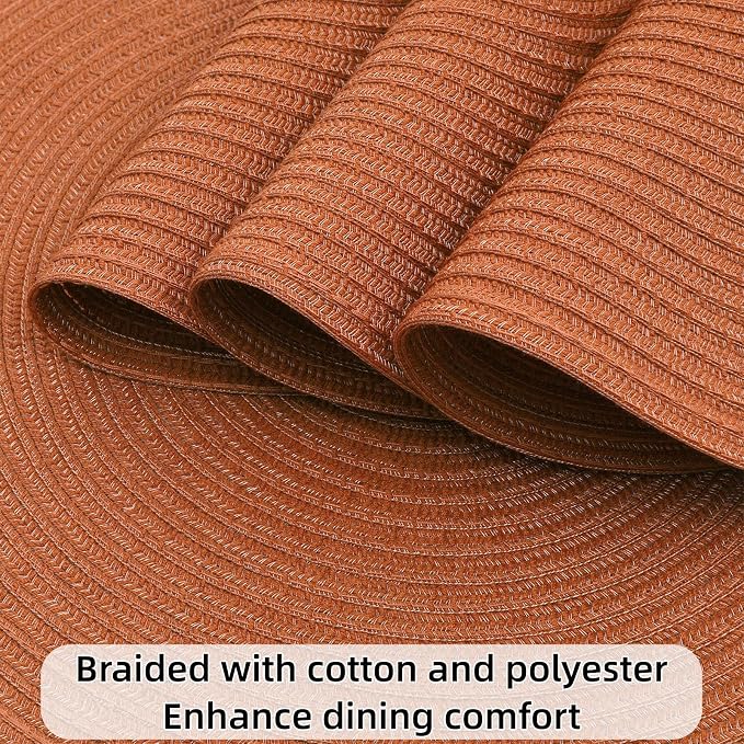 SHACOS Round Placemats Set of 4 for Dining Table 15 inch Round Braided Fall Placemats Washable Kitchen Table Mats Home Decor, Dark Orange