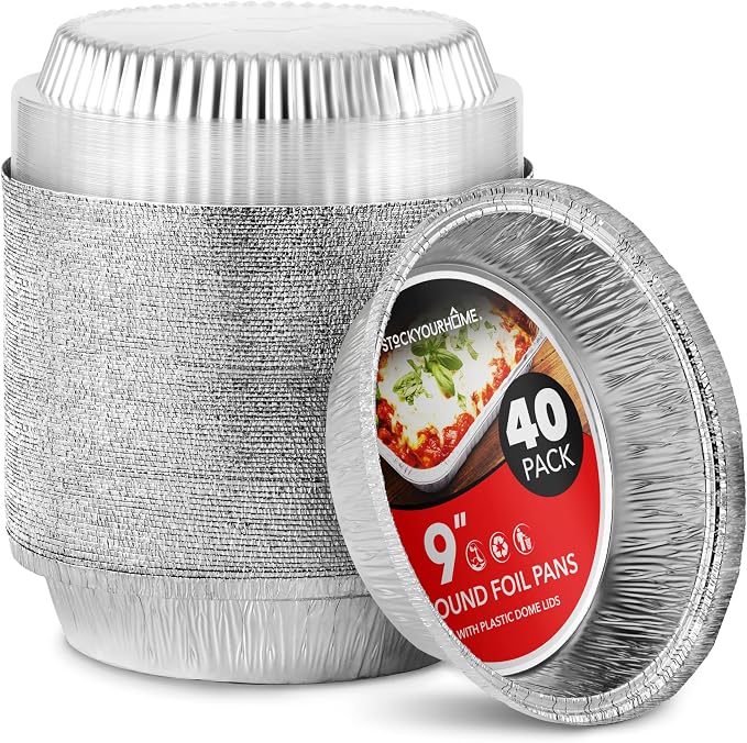 Stock Your Home 9" Round Aluminum Foil Pans with Lids (40 Pack) Pie Tins Disposable 9 Inch with Lid, To-Go Containers for Pies, Cheesecake, Cinnamon Rolls, Flan, 2" Deep Dish Cake Pan for Holidays