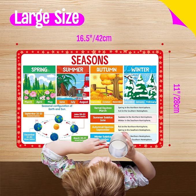 6 Pack Placemats for Kids, Non-Slip Washable Table Mat, Reusable Addition, Subtraction, Time, Calendar, Money & Holiday Placemats for Home, Kindergarten, Classroom, Nursery