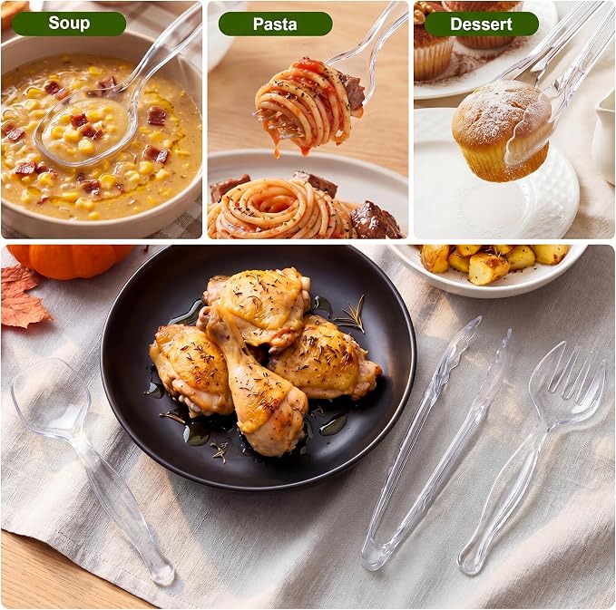 36Pcs Disposable Plastic Serving Utensils Set, 12 Clear Spoons, 12 Forks, 12 Tongs, 9-Inch for Party Buffet Catering Events, Heavy Duty and Ergonomic Design