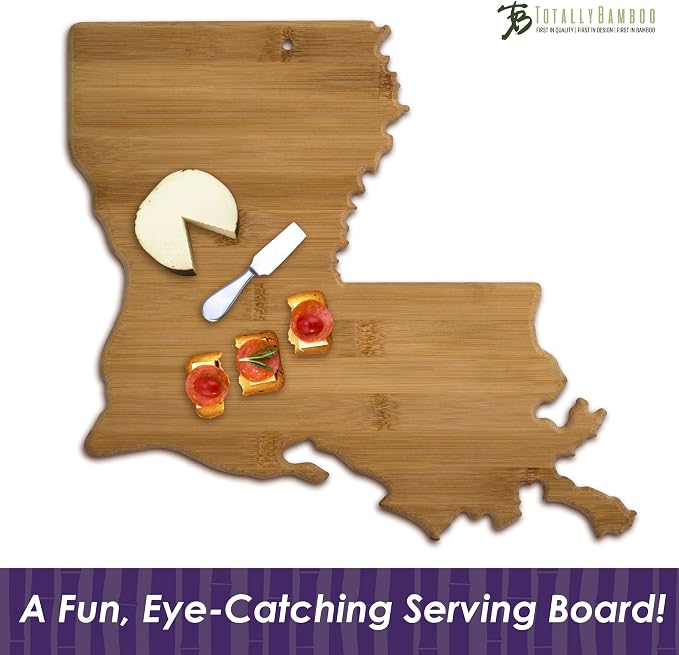 Totally Bamboo Louisiana State Shaped Bamboo Serving and Cutting Board | State charcuterie board with natural bamboo grain. Knife-friendly surface for food prep. Hang tie for wall display.