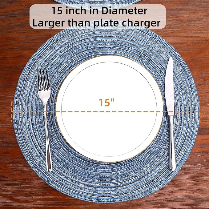 SHACOS Round Braided Placemats Set of 8 Circle Place Mats Cotton Polyester Kitchen Table Mats for Dining Table Wedding Party Decor (Blue Gray, 8)