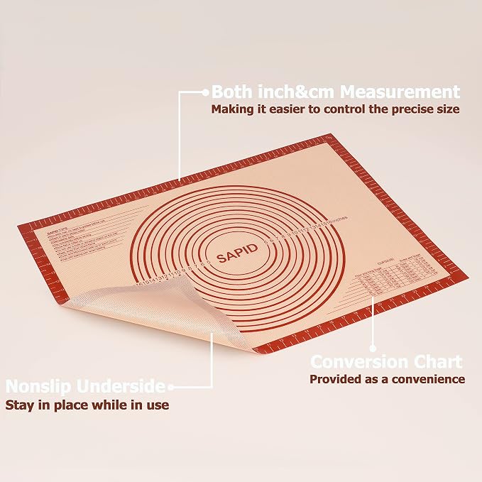 Sapid Thick Silicone Pastry Mat Baking Dough Rolling Extra Large 20" x 28" | Non-slip with Measurements for Non-stick Dough Rolling, Pie Crust, Kneading Mats, Countertop, Placement Mats (Red)