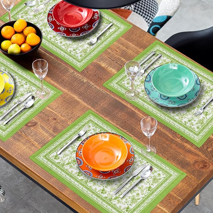 Green Floral Placemats Set of 4 Chinoiserie Boho Flowers Linen Fabric Rectangle Table Mat 12x18 Inch Washable Heat Resistant Outdoor Seasonal for Kitchen and Dining Table Decor