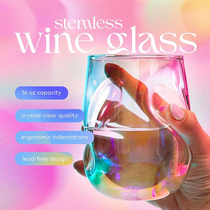 Dragon Glassware Stemless Wine Glasses, 16 oz Set of 2 - Iridescent | Short Wine Glasses Set of 2 with Finger Indentations; Aerates Naturally; Standard Width Design; Unique Drinkware