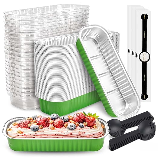 NPLUX Mini Loaf Pans with Lids, 50 Pack Green 6.8oz for Holiday Treats | Suitable for mini breads, tart portions, dips and sweets; works well for made-ahead dessert batches.