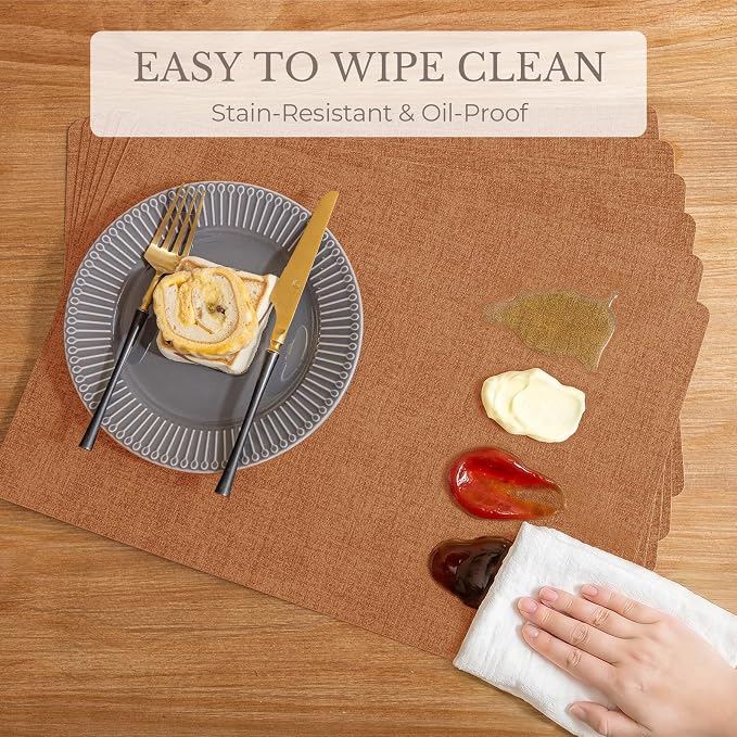 Romanstile Vinyl Placemats Set of 8-12 X 17 Inch - Faux Leather 100% Waterproof Wipeable Anti Slip Place Mats, Heat Resistant Reversible PU Table Mats for Kitchen Dining Party Outdoor, Orange