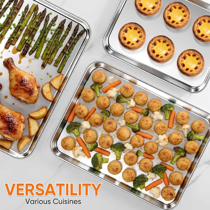 LIANYU Baking Sheet Pans, Half Sheet/Jelly Roll/Quarter Sheet, 3 Pack | Stainless Steel Cookie Sheet for Baking, 17.5/16/12.4 Inch Metal Tray, Heavy Duty, Dishwasher Safe, Non Toxic