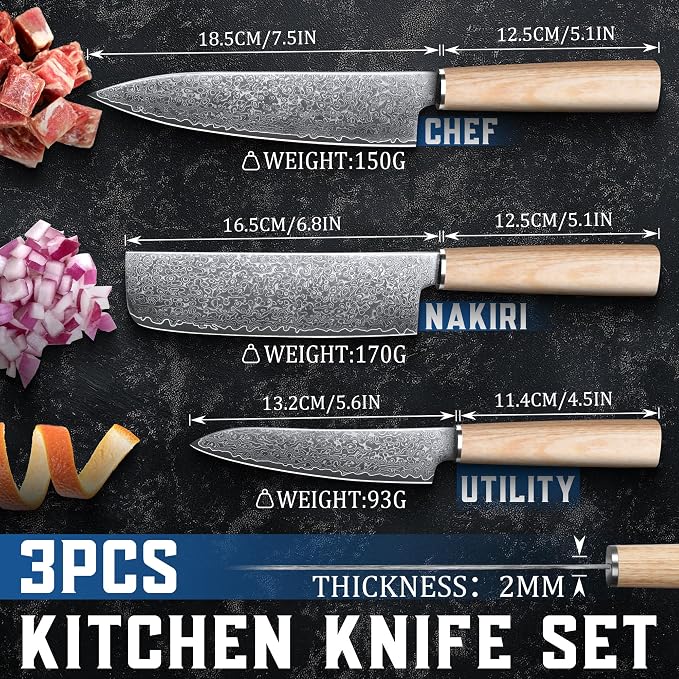 ROCOCO Damascus Chef Knife Set - 3PCS Japanese Nakiri Utility Paring Knives | Sharp Gyuto Meat Cleaver for Home Kitchen Gift Idea