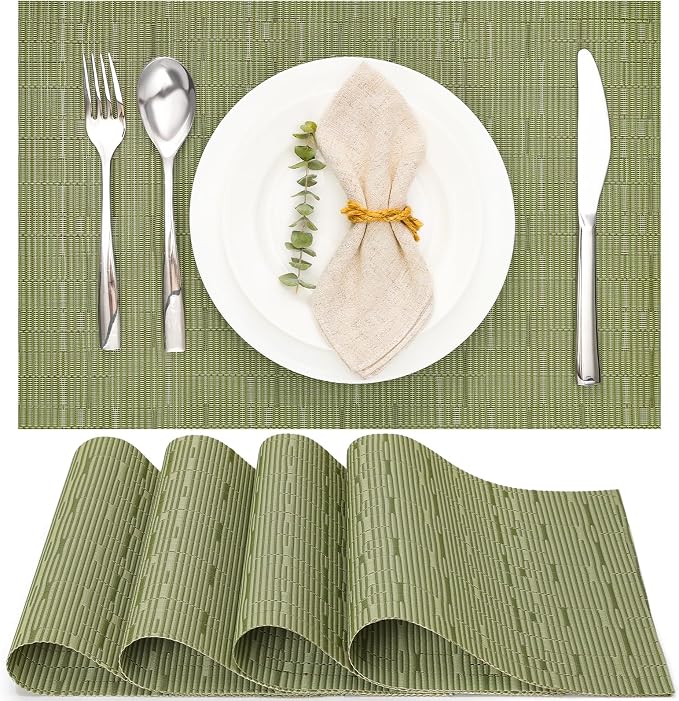 Myir JUN Placemats Set of 4 Kitchen and Dining Table Placemats | Vinyl Placemats Place Mats Indoor/Outdoor Set of 4 Washable Table Mats Non-Slip Place mats for Dining Table, Green