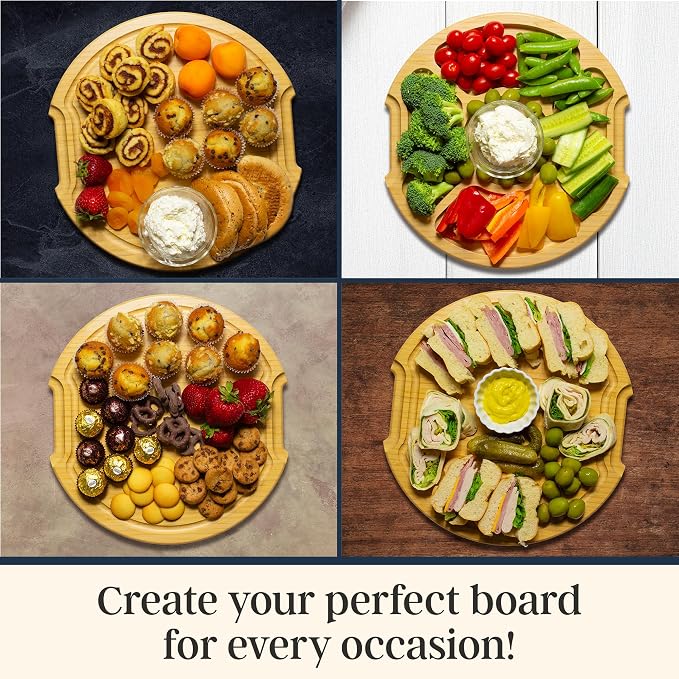 Totally Bamboo Flip, Serve & Store Reversible Charcuterie Board with Lid | Round portable serving board with 5 compartments and locking travel cover. Cutting side includes juice groove for prep.