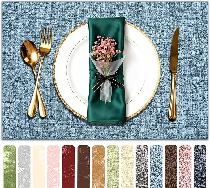 Faux Leather Placemats Set of 6, 11.8"x17.7", Sky Blue | Reversible Table Mats, Waterproof, Stain & Heat Resistant, Easy Clean for Dining, Gatherings, Outdoor