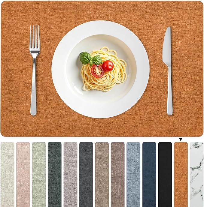 FROMHEART Faux Leather PU Placemats Set of 6 (Orange Grey,11.8" x 17") | Waterproof,Heat/Oil Stain-Resistant Table Mat–Reversible,Non-Slip,Easy to Clean Place Mats for Kitchen,Dining,Indoor/Outdoor