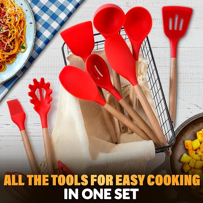 12 Pcs Red Kitchen Utensils Set with Holder – Versatile Silicone Utensils Set for Cooking and Baking, Gentle on Pots and Pans, Heat-Resistant, Stylish, Easy to Clean, Red Kitchen Accessories