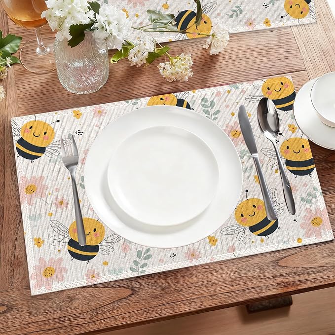 Table Placemats Set of 6,Cute Bee Cloth Placemats,Spring Flowers Heat-Resistant Table Mats for Kitchen Dining Room Decoration,Non-Slip Fabric Place Mats 11.8x17.7 Inch