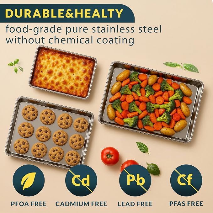 Stainless Steel Cookie Sheet Set of 3, 9/12/16" Baking Sheet Pans | Baking Set of 3, Mirror Finish, Non-Stick, Rust Resistant, BPA Free, Dishwasher Safe, 9/12/16"