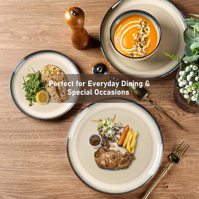 GBHOME Dinnerware Sets for 6, 18 Pieces Ceramic Plates and Bowls Set | Scratch Resistant Stoneware Dishes Set, Dishwasher & Microwave Safe, Reactive Glaze-Pale Khaki