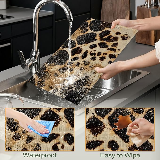 Vintage Leopard Print Fabric Placemats,Gold Glitter Table Placemats Set of 6 Cloth Place Mats, Washable Heat-Resistant Table Mats for Home Kitchen Dining Room Decoration 11.8x17.7 Inch