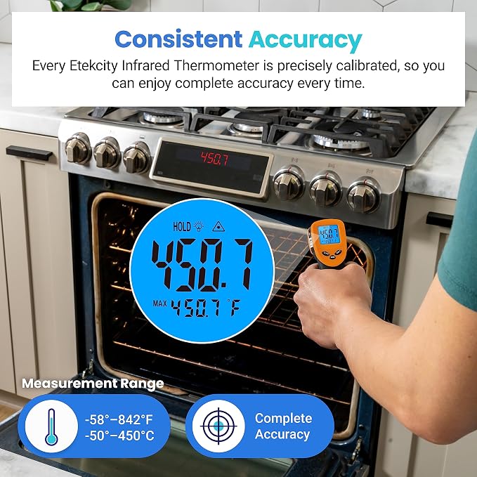 Etekcity Infrared Thermometer Laser Temperature Gun 774, Orange | Cooking, Pizza Oven, Griddle, BBQ, Meat, HVAC, Engine, Adjustable Emissivity, MAX Display, Surface Measurement