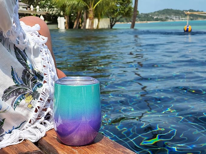 CHILLOUT LIFE 12 oz Stainless Steel Wine Tumblers 4 Pack - Double Wall Vacuum Insulated Wine Glasses Cups with Lids and Straws Set Keeping Cold & Hot for Coffee, Beer, Ice Cream - Mermaid Sparkle