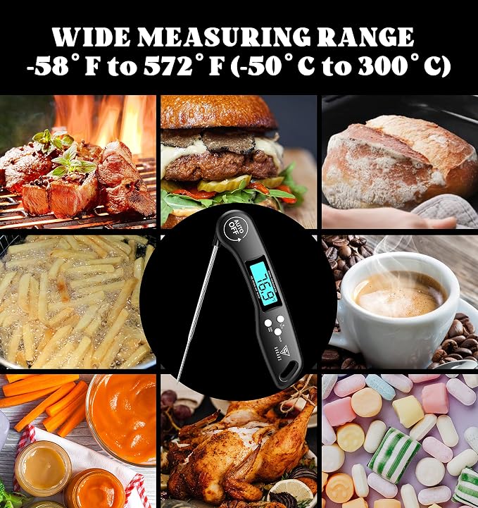 DOQAUS Digital Meat Thermometer, Instant Read Food Thermometer for Cooking | Backlit & Auto-Rotating Display, 4.6” Probe Perfect for Grilling, Baking, and BBQ Gift for Dad Men - Black