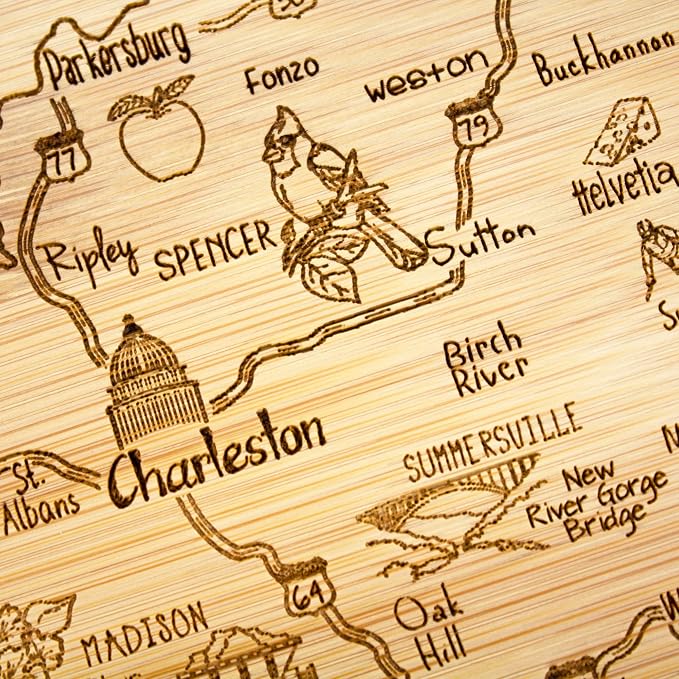 Totally Bamboo A Slice of Life West Virginia Engraved Map Cutting Board | 11” x 8.75” charcuterie board with engraved state map artwork. Smooth reverse side for food prep. Hang tie for wall display.