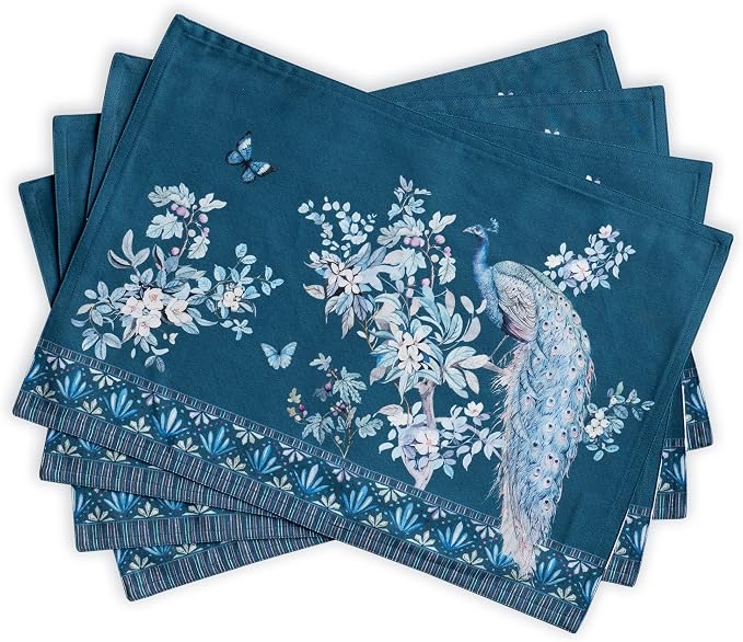 Maison d' Hermine Placemats Set of 4 Reusable 100% Combed Cotton (13"x19") | Cloth Place Mats Washable Table Mats for Kitchen Dining Party Home Restaurant Spring Summer - Peacock Utopia - Deep Sea