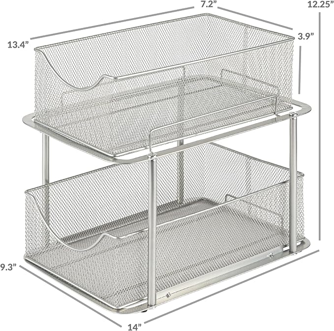 Sorbus 2 Tier Metal Under Sink Organizer for Bathroom, Kitchen, Strong Steel Mesh Sliding Drawers for Under Sink, Under Cabinet, Closet, Kitchen, Pantry, Bathroom Organizers and Storage (Silver)