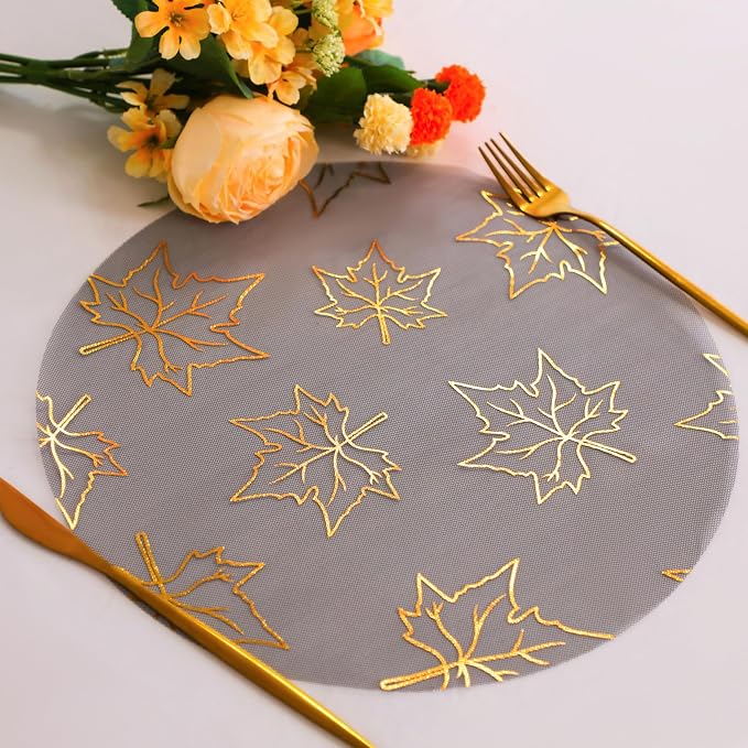 Snowkingdom 24 Pcs Fall Placemats, Black Gold Metallic Maple Leaves Thanksgiving Decoration, 13 inch Round Disposable Placemats, Golden Charger Kitchen Dining Table Mats for Autumn Harvest Party Decor