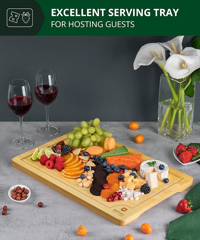 ROYAL CRAFT WOOD Bamboo Cutting Board | with Juice Groove - Kitchen Chopping Board for Meat Cheese and Vegetables, Heavy Duty Serving Tray